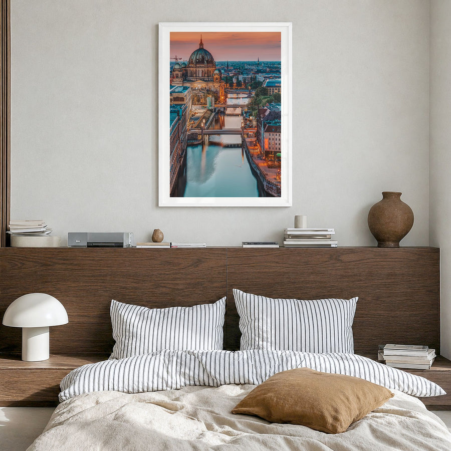 Berlin Photo No 3 Poster in a white wood frame, hanging in a bedroom, white border