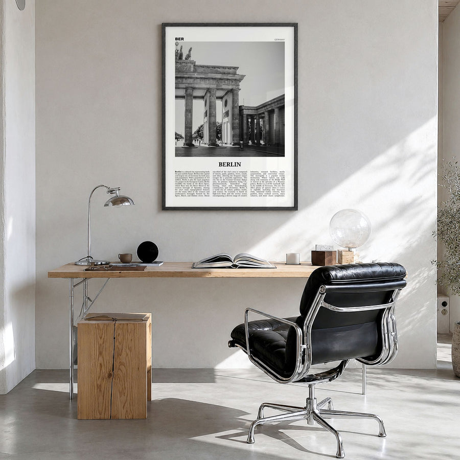 Berlin Newspaper No 1 Poster in a black wood frame, hanging in a bright home office