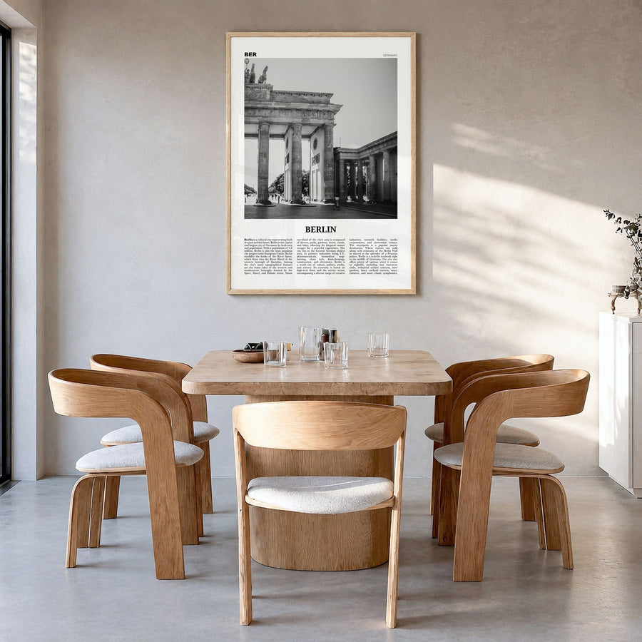 Berlin Newspaper No 1 Poster in a natural wood frame, hanging in a dining room
