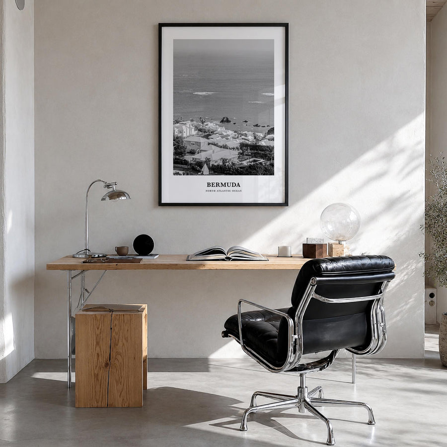 Bermuda black & white classic poster of North America – vertical wall art in black wood frame, hanging on wall