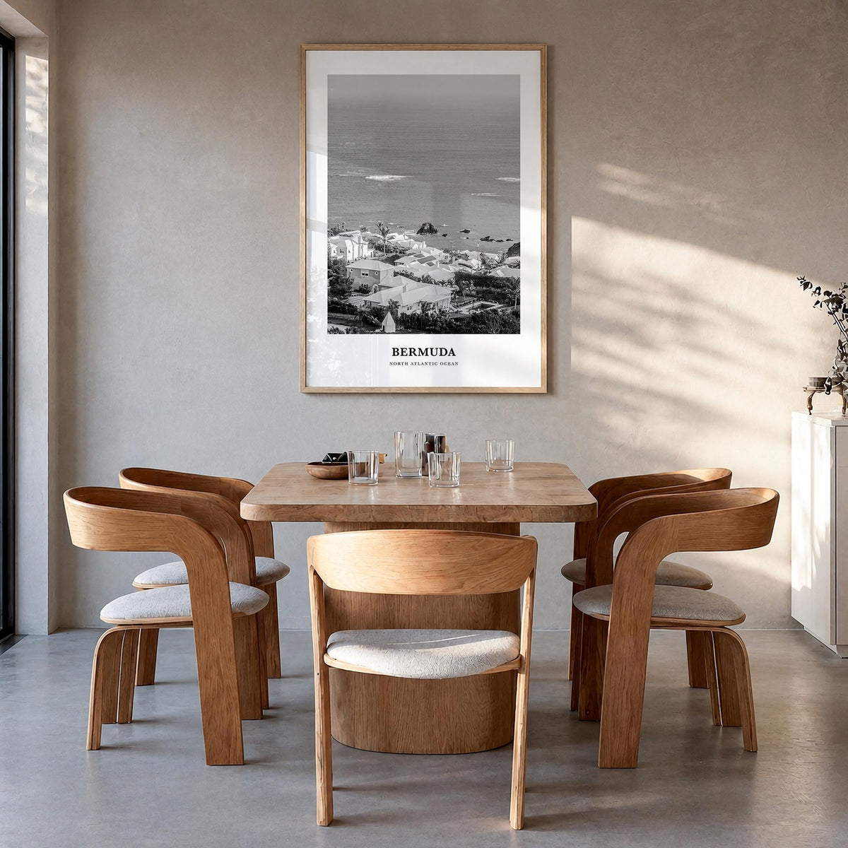Bermuda black & white classic poster of North America – vertical wall art in natural wood frame, hanging on wall
