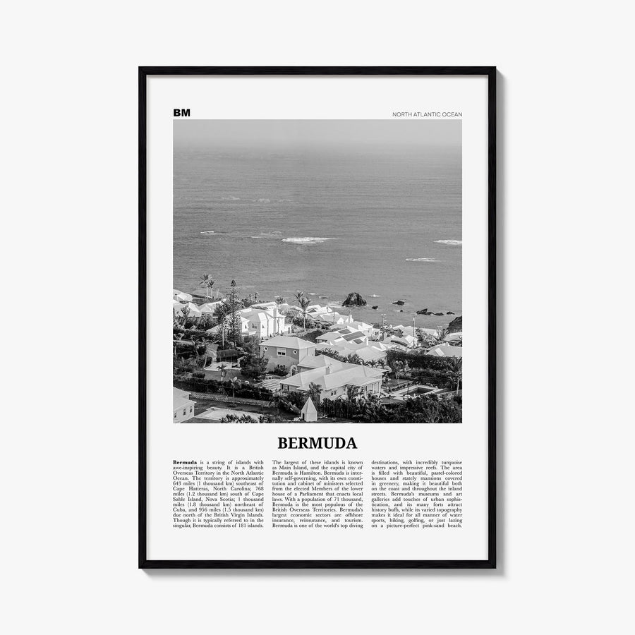 Bermuda black & white newspaper poster of North America – vertical wall art, unframed print shown in interior mockup