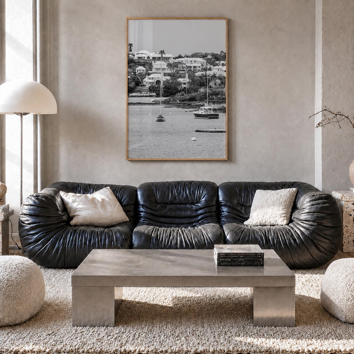 Bermuda black & white photo poster of North America – vertical wall art in natural wood frame, hanging on wall