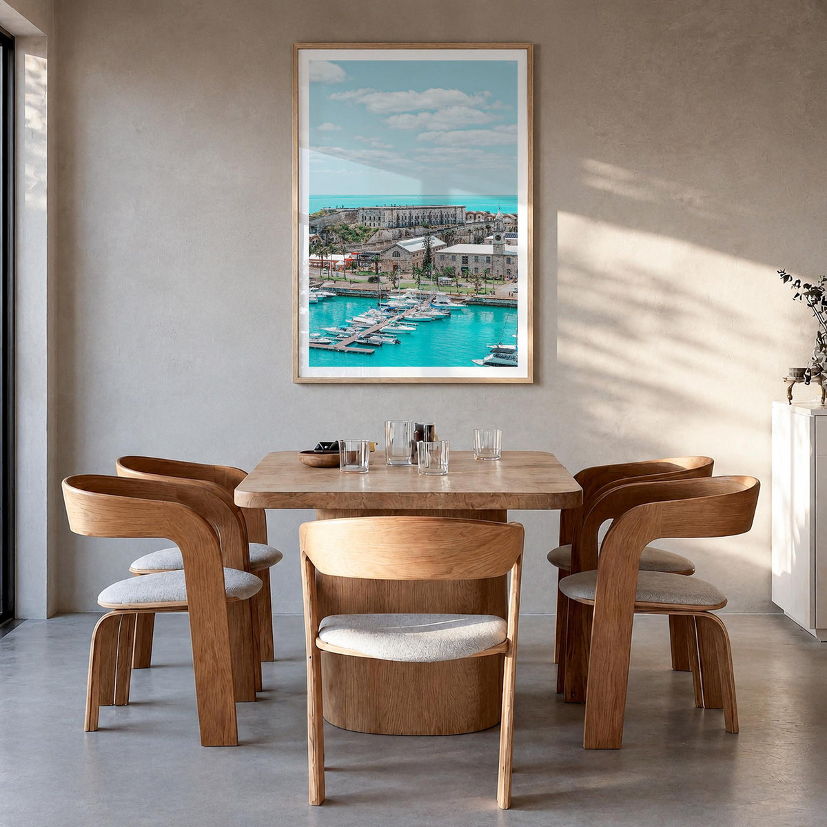 Bermuda colorful photo poster of North America – vertical wall art in natural wood frame with white border, hanging on wall