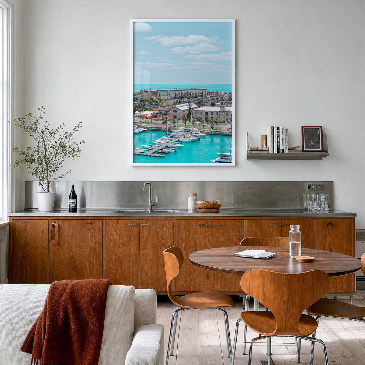 Bermuda colorful photo poster of North America – vertical wall art in white wood frame, hanging on wall