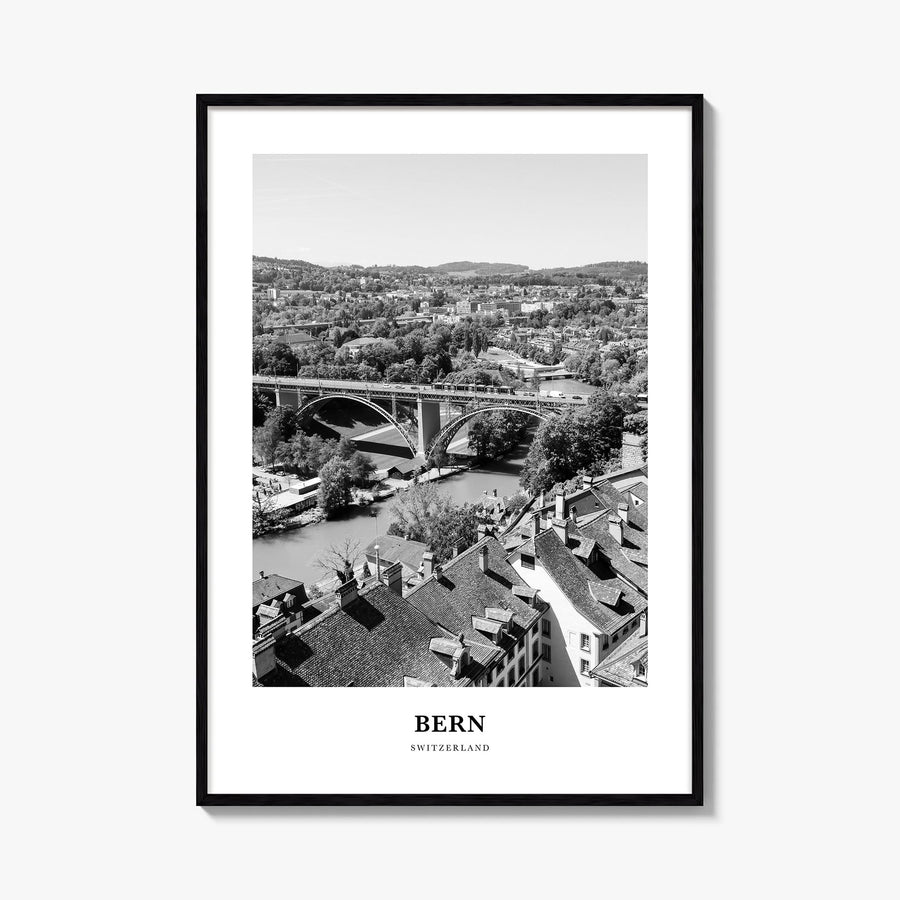 Bern black & white classic poster of Switzerland – vertical wall art, unframed print shown in interior mockup