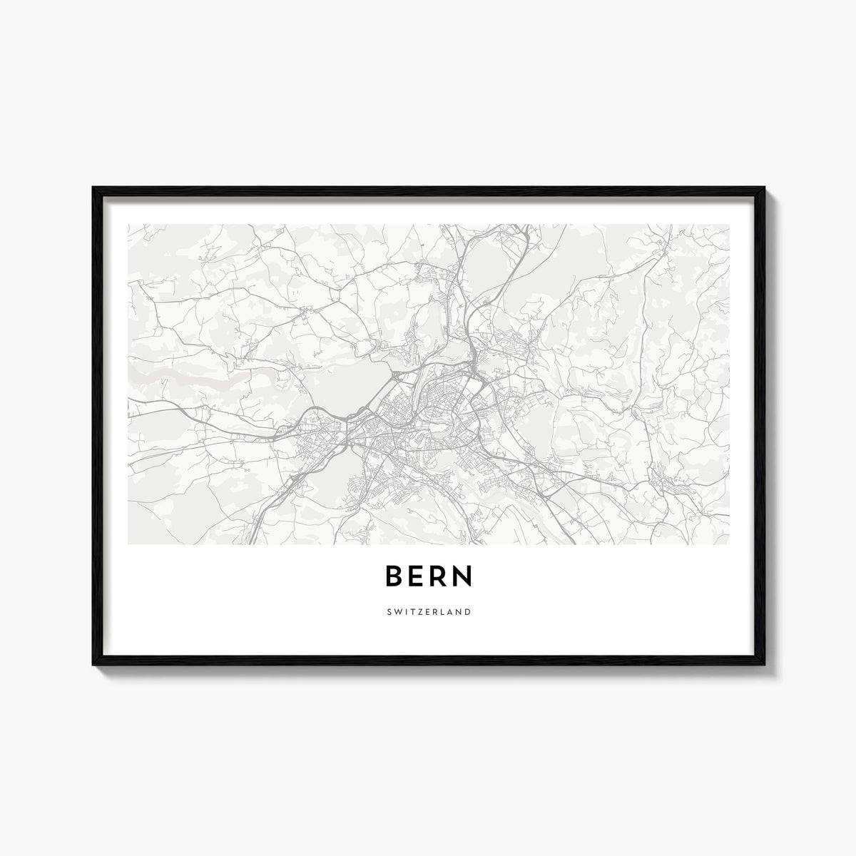 Bern black & white map poster of Switzerland – horizontal wall art, unframed print shown in interior mockup
