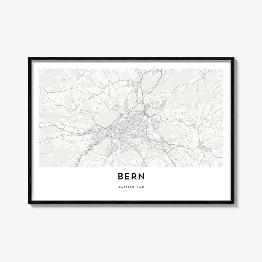 Bern black & white map poster of Switzerland – horizontal wall art, unframed print shown in interior mockup