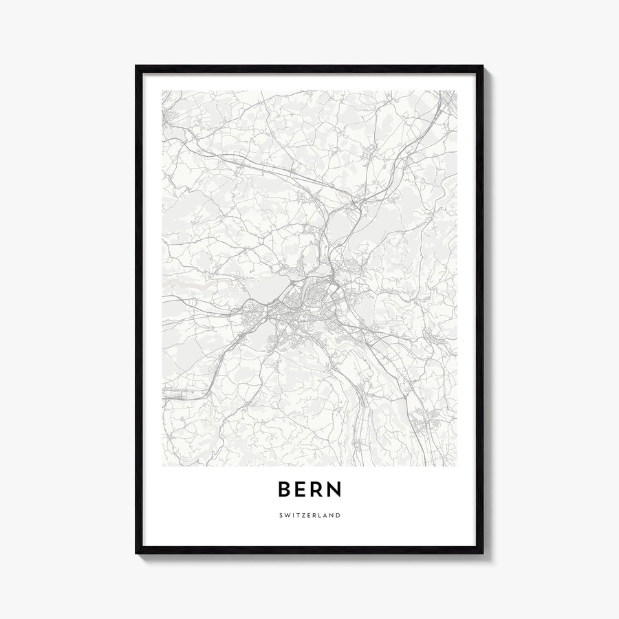 Bern black & white map poster of Switzerland – vertical wall art, unframed print shown in interior mockup