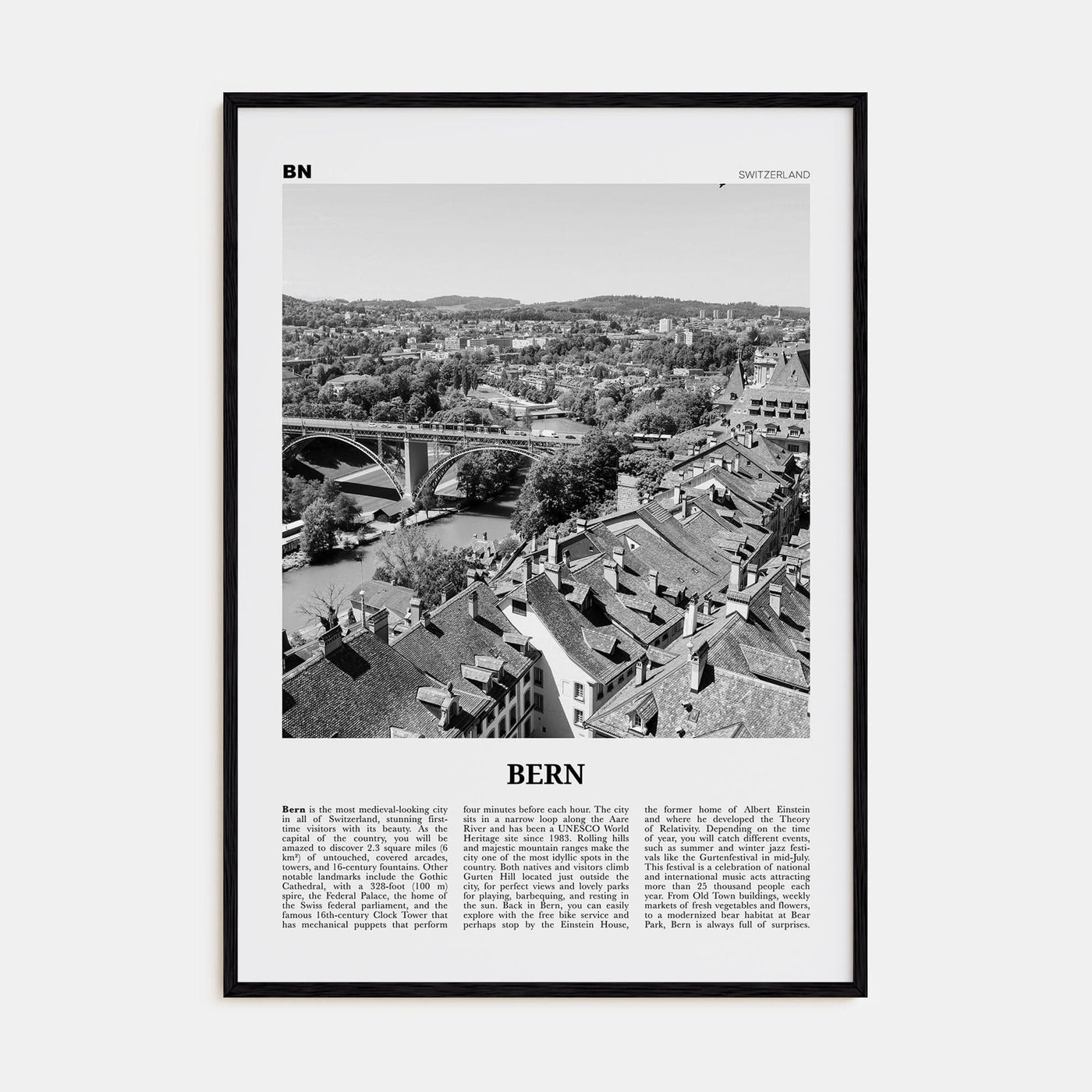 Bern Poster Black Wood / 8x12 in Nbourhood Travel B&W Poster