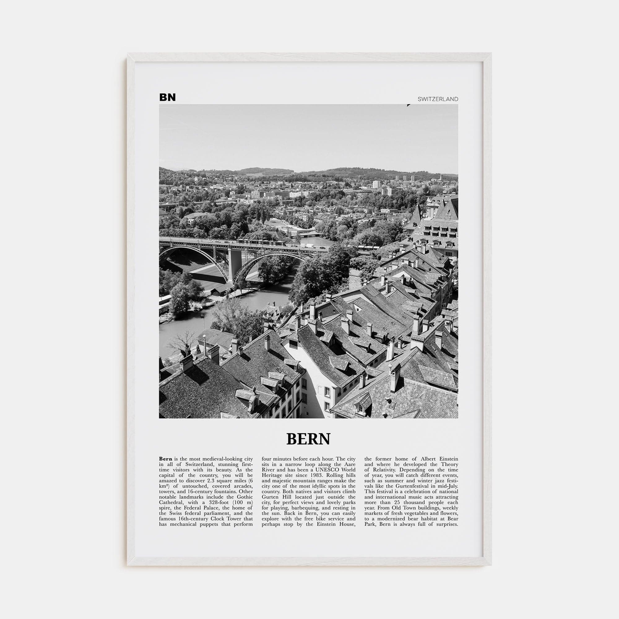 Bern Poster White Wood / 8x12 in Nbourhood Travel B&W Poster