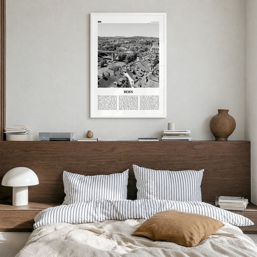 Bern Newspaper Poster in a white wood frame, hanging in a bedroom