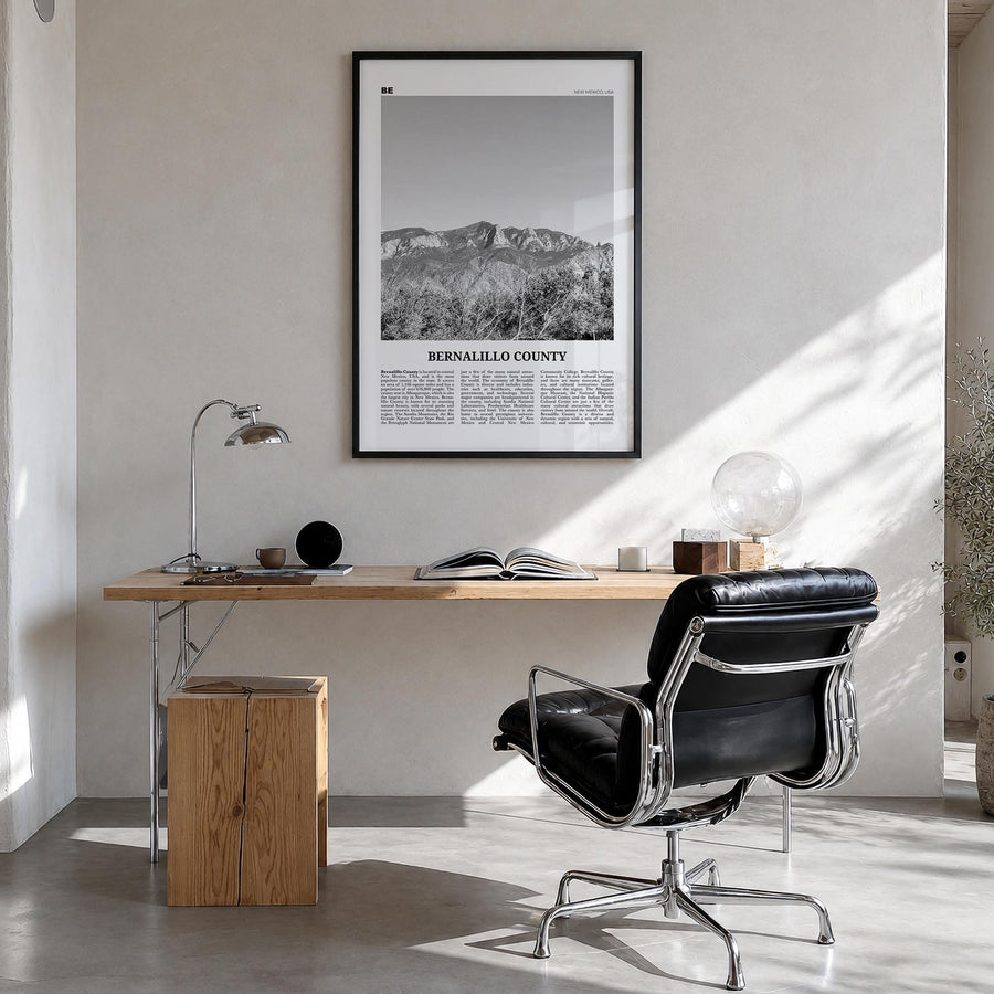 Bernalillo County black & white newspaper poster of New Mexico, USA – vertical wall art in black wood frame, hanging on wall