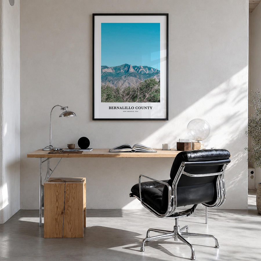 Bernalillo County colorful classic poster of New Mexico, USA – vertical wall art in black wood frame, hanging on wall