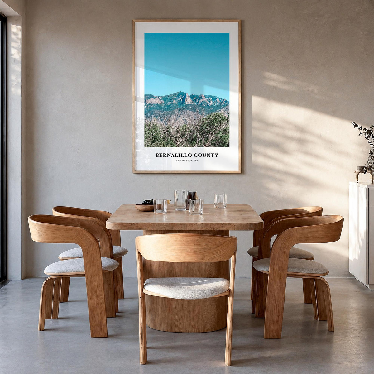 Bernalillo County colorful classic poster of New Mexico, USA – vertical wall art in natural wood frame, hanging on wall