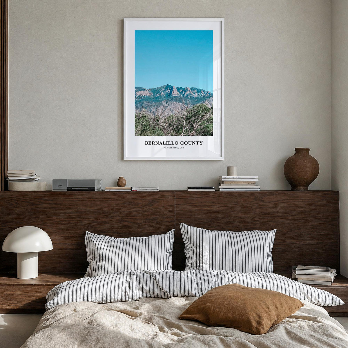 Bernalillo County colorful classic poster of New Mexico, USA – vertical wall art in white wood frame, hanging on wall