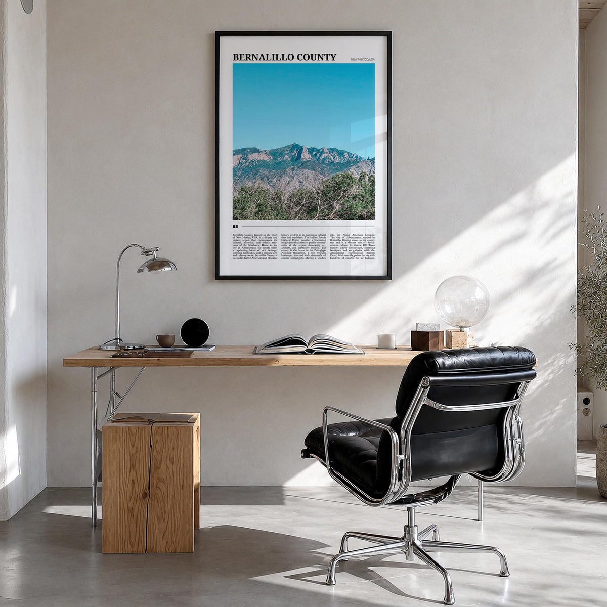 Bernalillo County colorful travel poster of New Mexico, USA – vertical wall art in black wood frame, hanging on wall