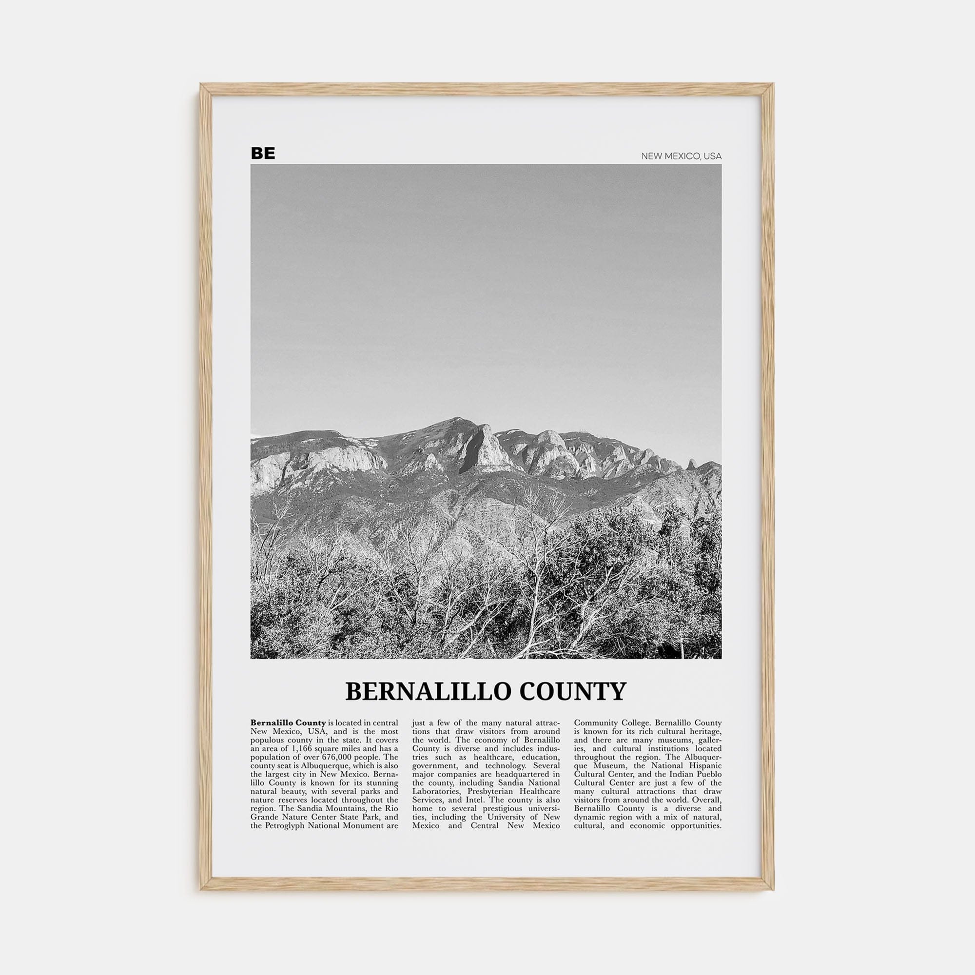 Bernalillo County Poster Natural Wood / 8x12 in Nbourhood Travel B&W Poster