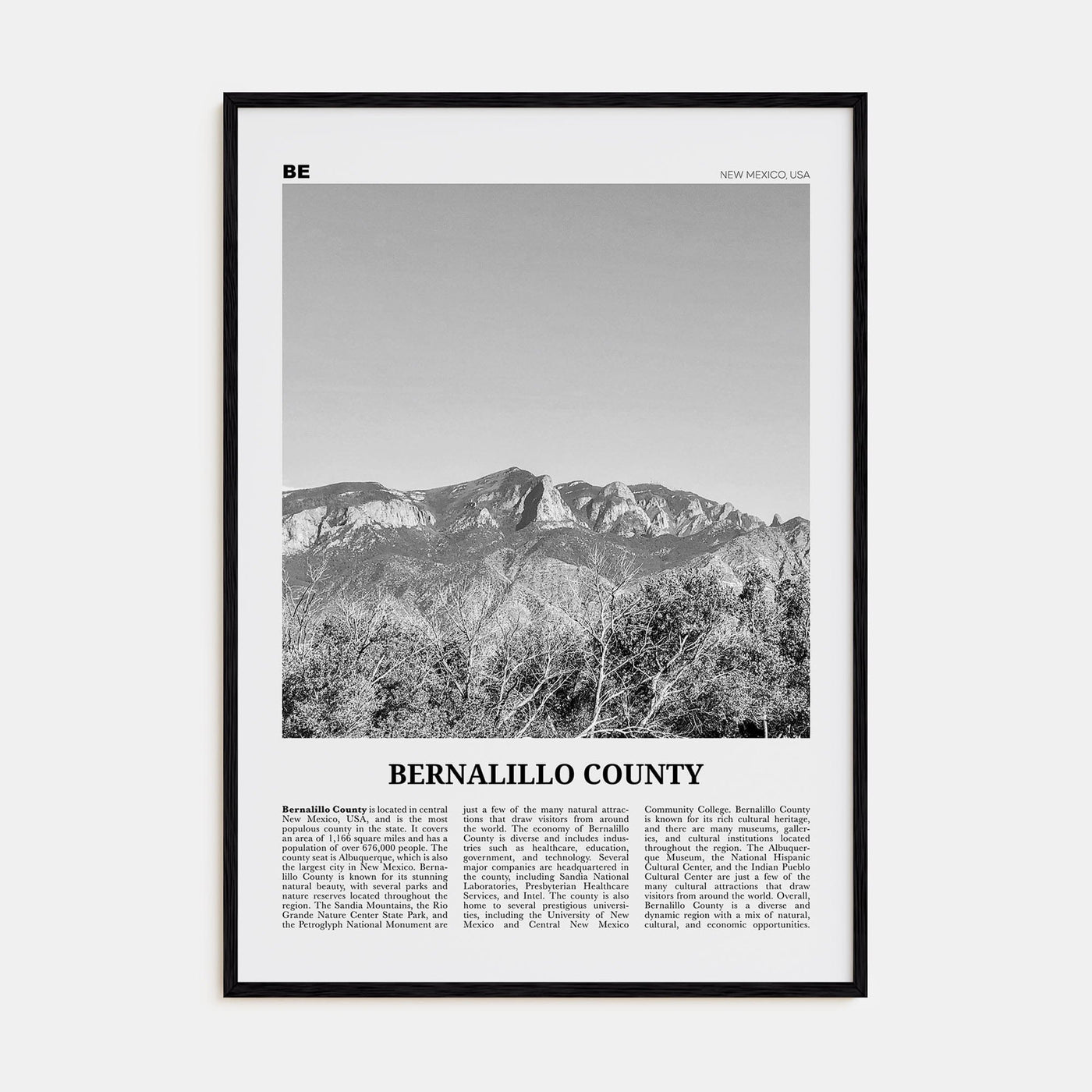 Bernalillo County Poster Black Wood / 8x12 in Nbourhood Travel B&W Poster