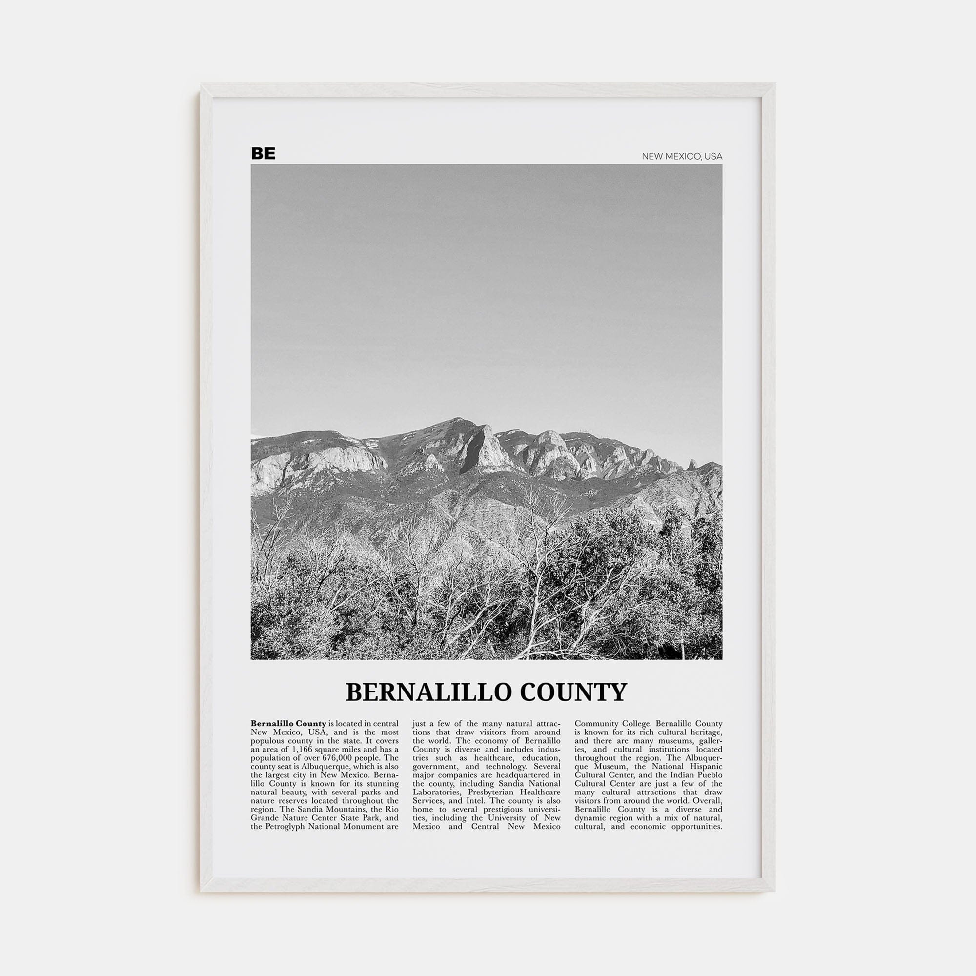 Bernalillo County Poster White Wood / 8x12 in Nbourhood Travel B&W Poster