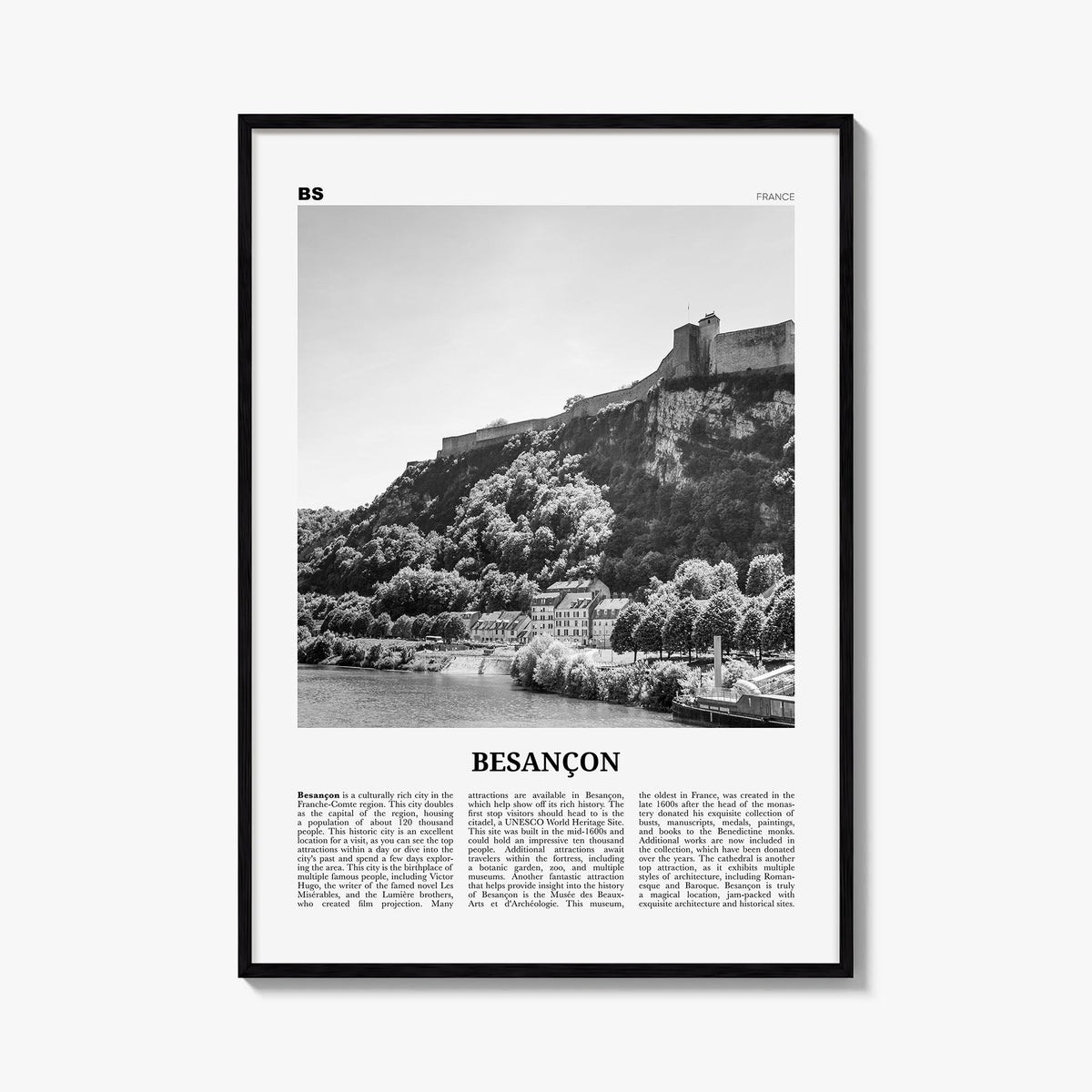 Besançon black & white newspaper poster of France – vertical wall art, unframed print shown in interior mockup
