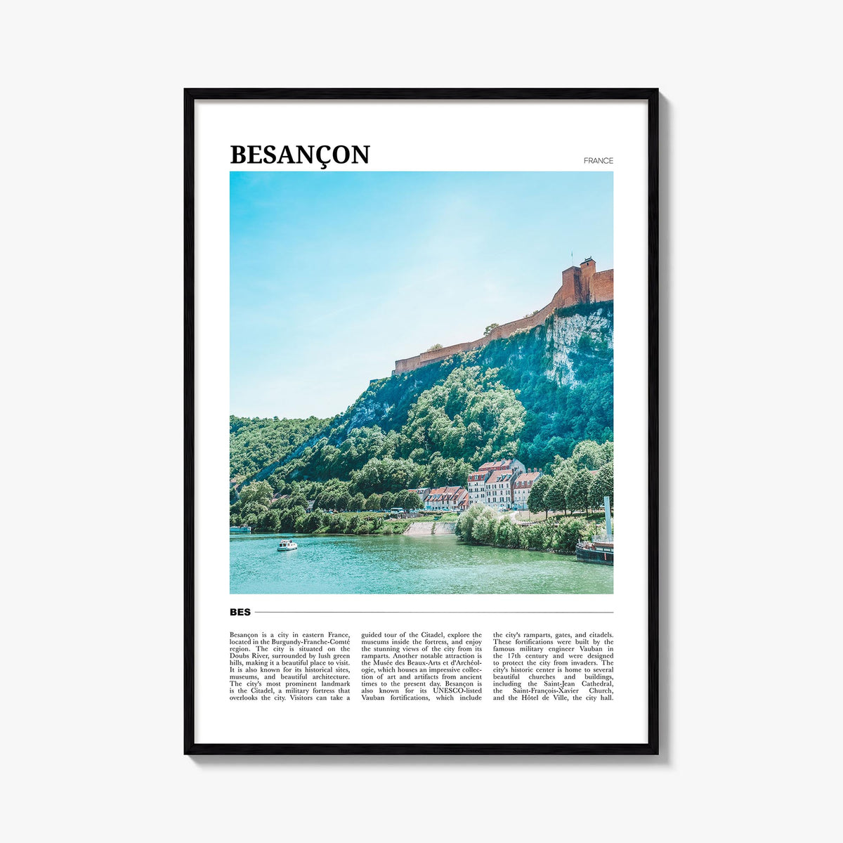 Besançon colorful travel poster of France – vertical wall art, unframed print shown in interior mockup