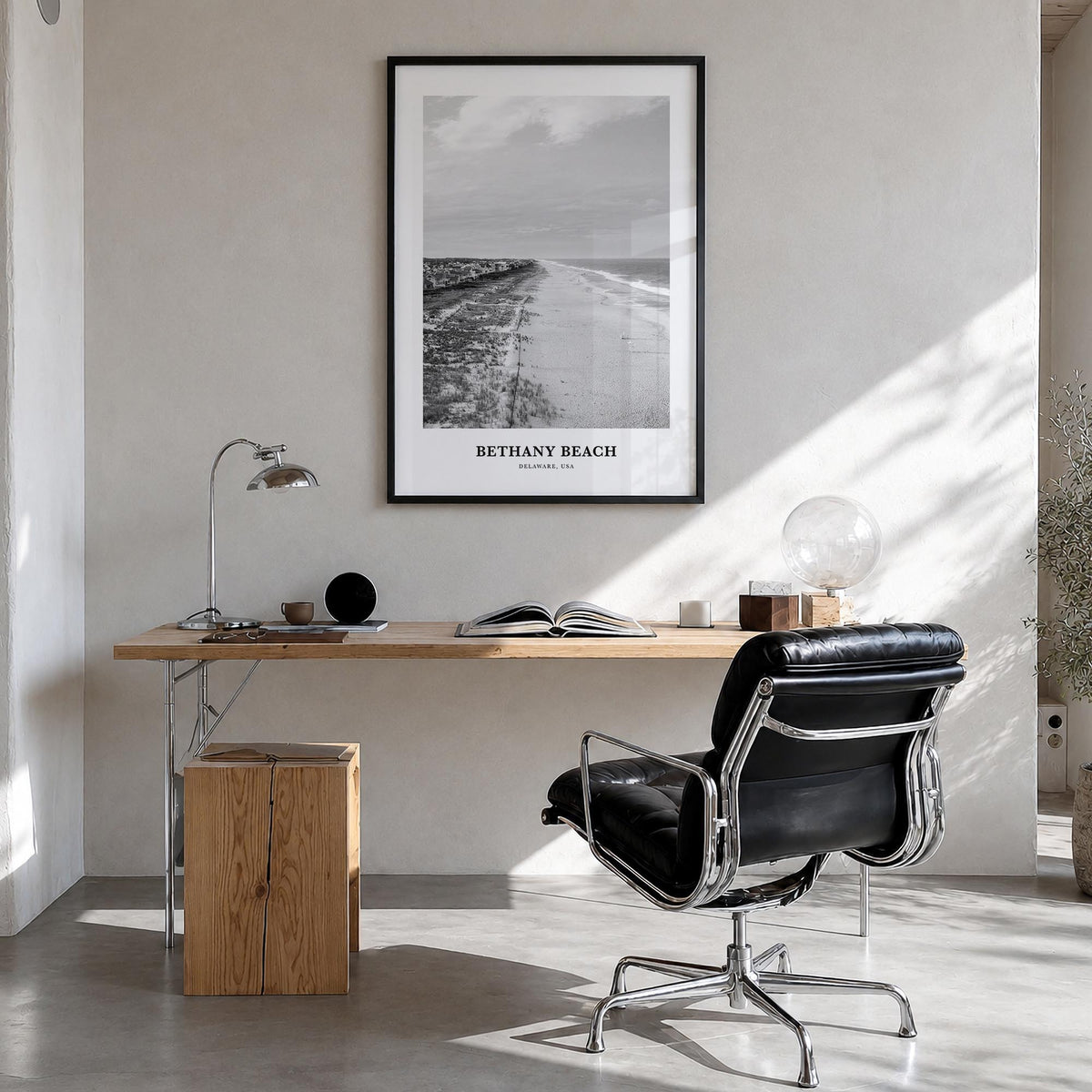 Bethany Beach black & white classic poster of Delaware, USA – vertical wall art in black wood frame, hanging on wall