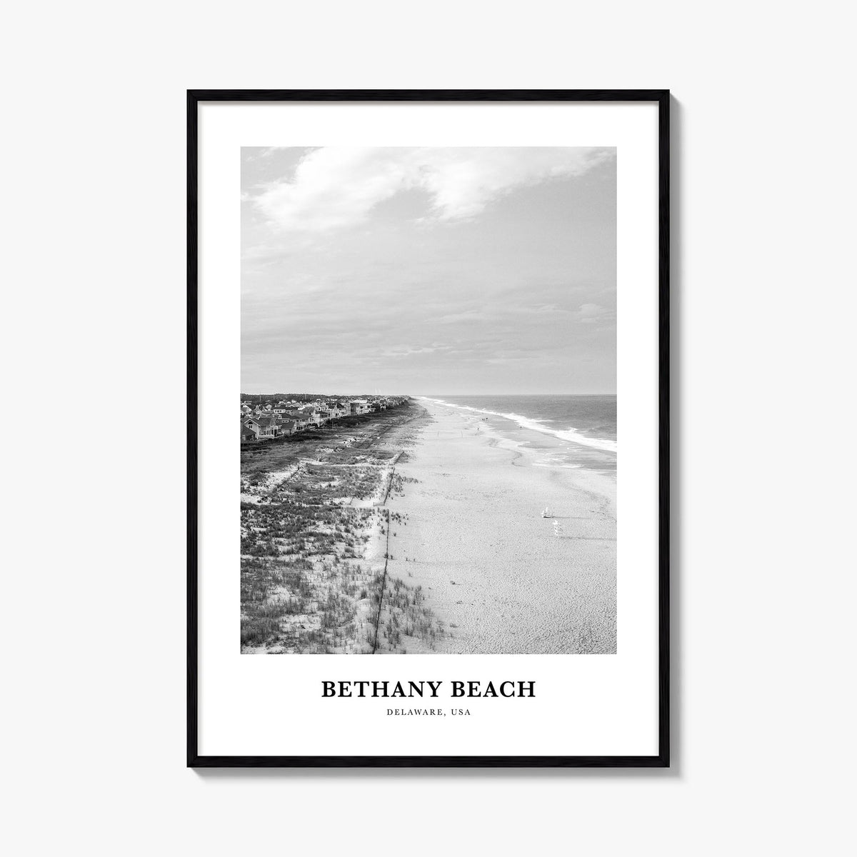Bethany Beach black & white classic poster of Delaware, USA – vertical wall art, unframed print shown in interior mockup
