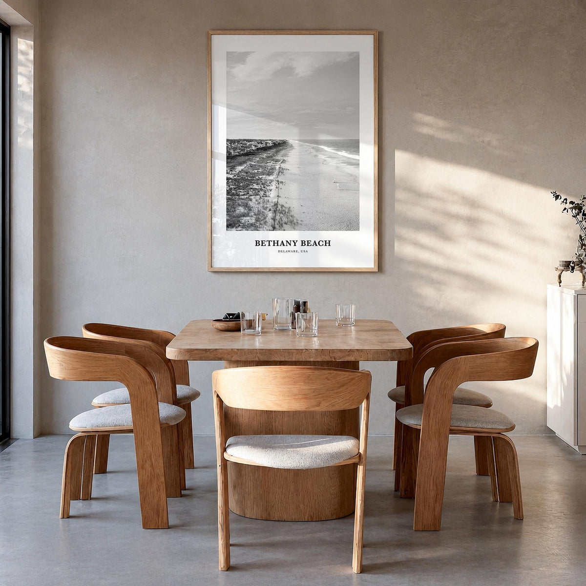 Bethany Beach black & white classic poster of Delaware, USA – vertical wall art in natural wood frame, hanging on wall