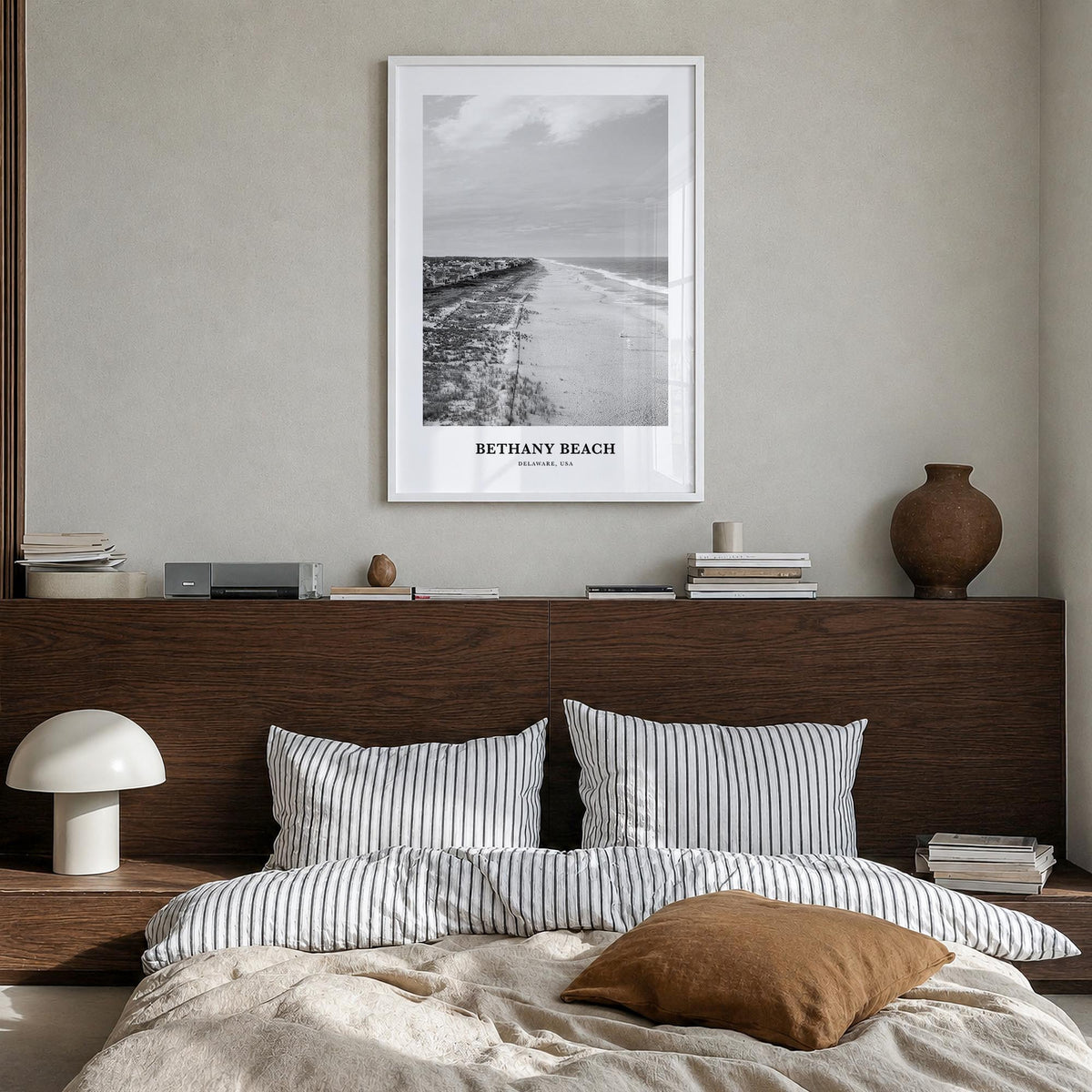 Bethany Beach black & white classic poster of Delaware, USA – vertical wall art in white wood frame, hanging on wall