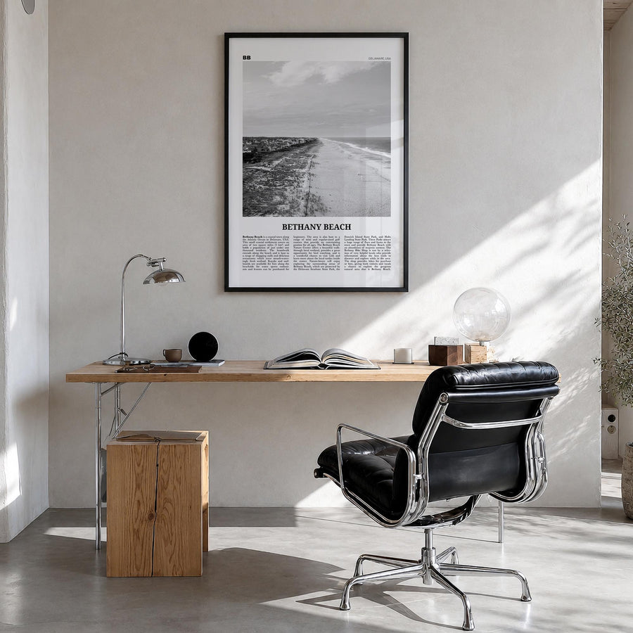 Bethany Beach black & white newspaper poster of Delaware, USA – vertical wall art in black wood frame, hanging on wall