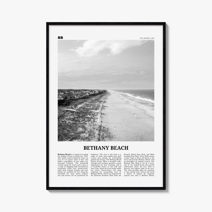 Bethany Beach black & white newspaper poster of Delaware, USA – vertical wall art, unframed print shown in interior mockup