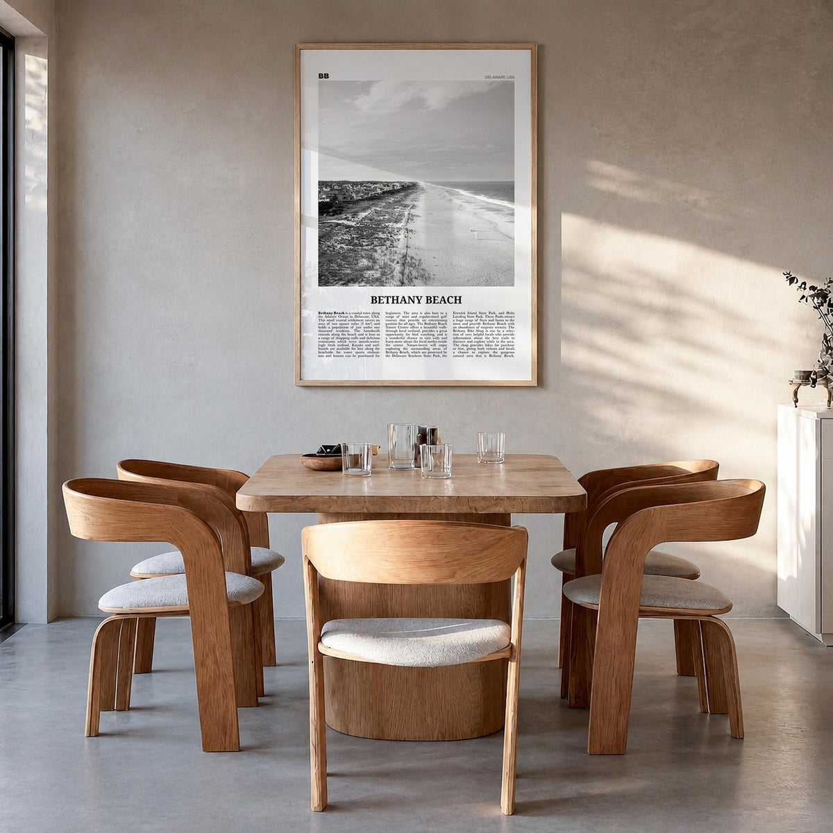 Bethany Beach black & white newspaper poster of Delaware, USA – vertical wall art in natural wood frame, hanging on wall
