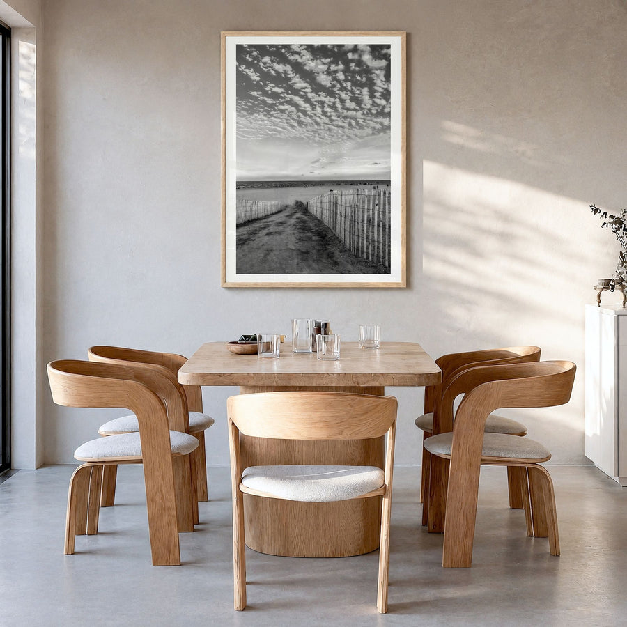 Bethany Beach Photo Poster in a natural wood frame, hanging in a dining room, white border
