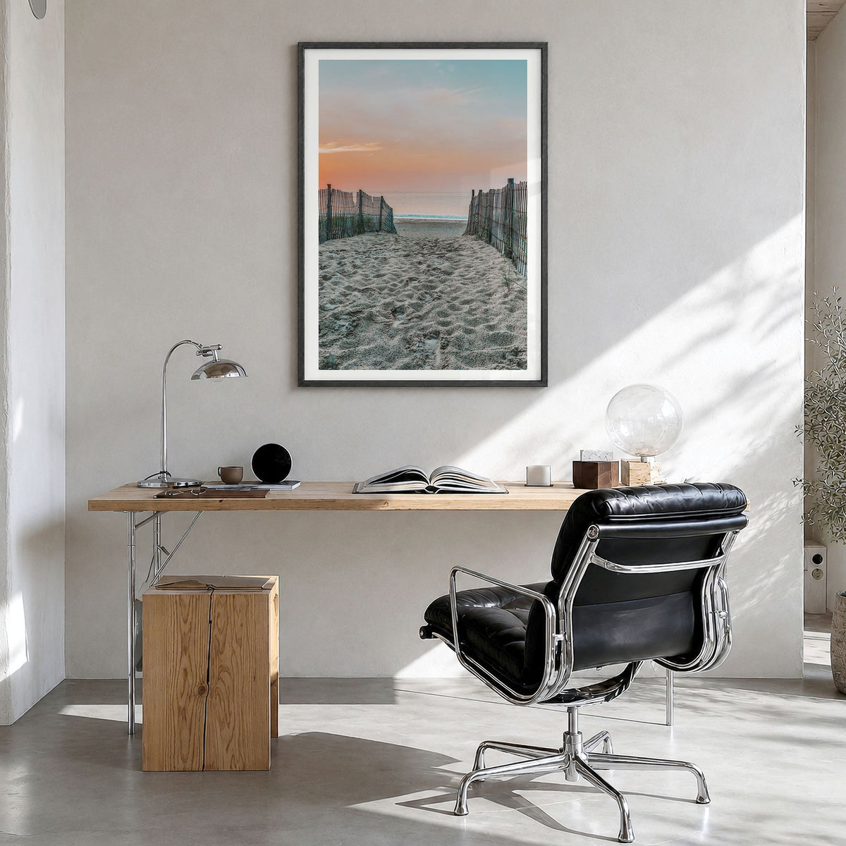 Bethany Beach Photo Poster in a black wood frame, hanging in a bright home office, white border