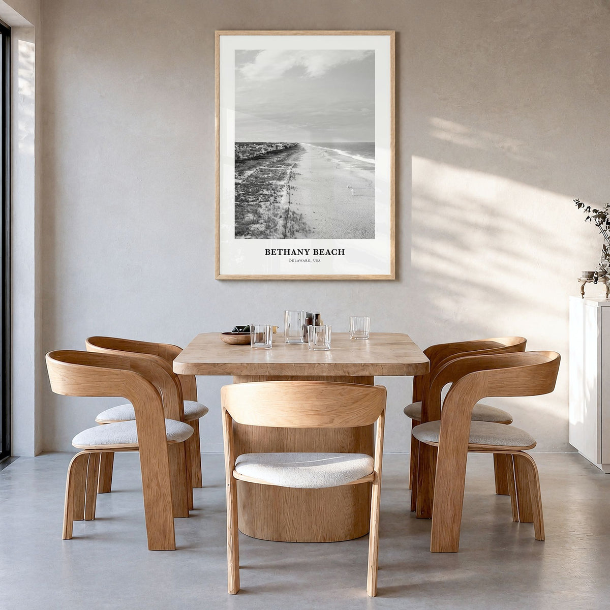 Bethany Beach Classic Poster in a natural wood frame, hanging in a dining room