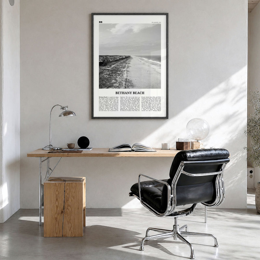 Bethany Beach Newspaper Poster in a black wood frame, hanging in a bright home office