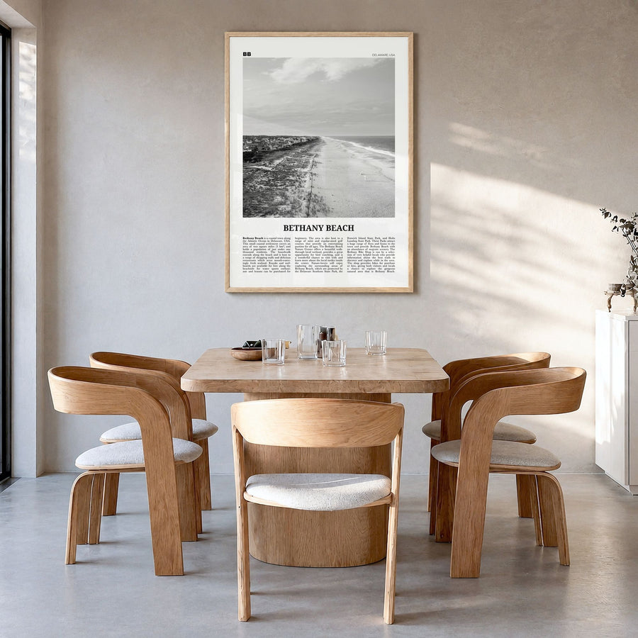 Bethany Beach Newspaper Poster in a natural wood frame, hanging in a dining room