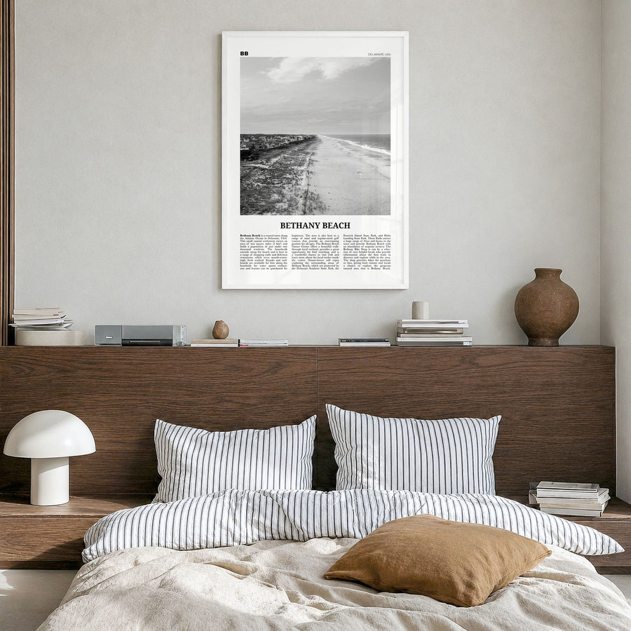 Bethany Beach Newspaper Poster in a white wood frame, hanging in a bedroom