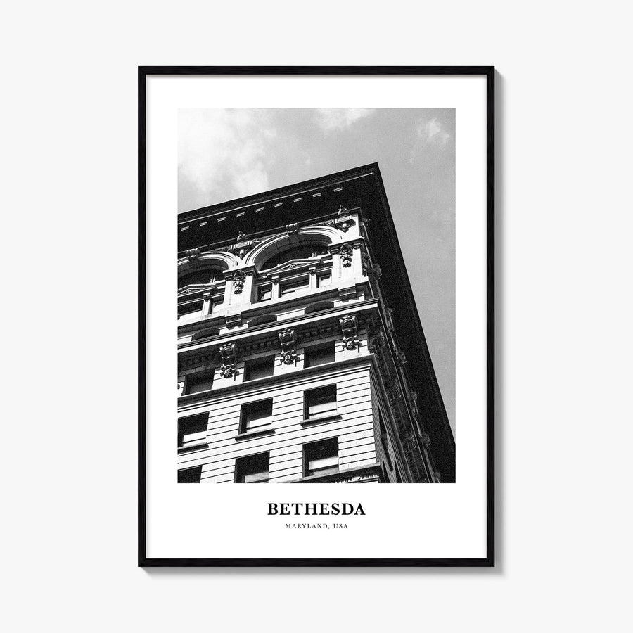 Bethesda black & white classic poster of Maryland, USA – vertical wall art, unframed print shown in interior mockup