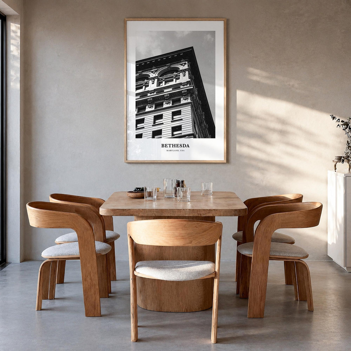 Bethesda black & white classic poster of Maryland, USA – vertical wall art in natural wood frame, hanging on wall