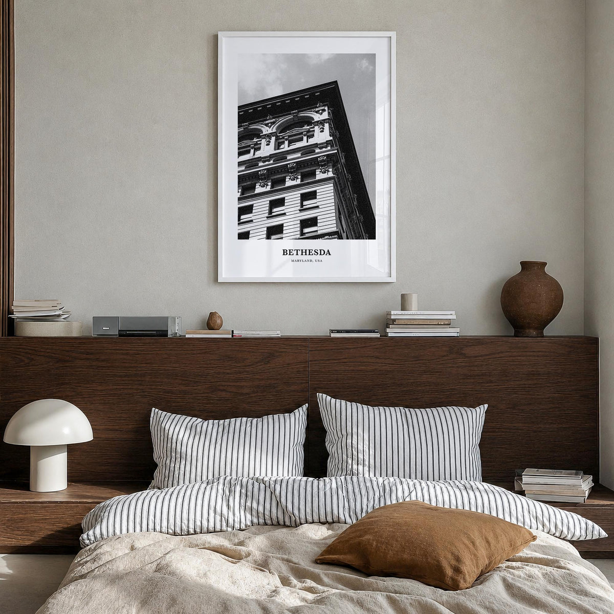 Bethesda black & white classic poster of Maryland, USA – vertical wall art in white wood frame, hanging on wall