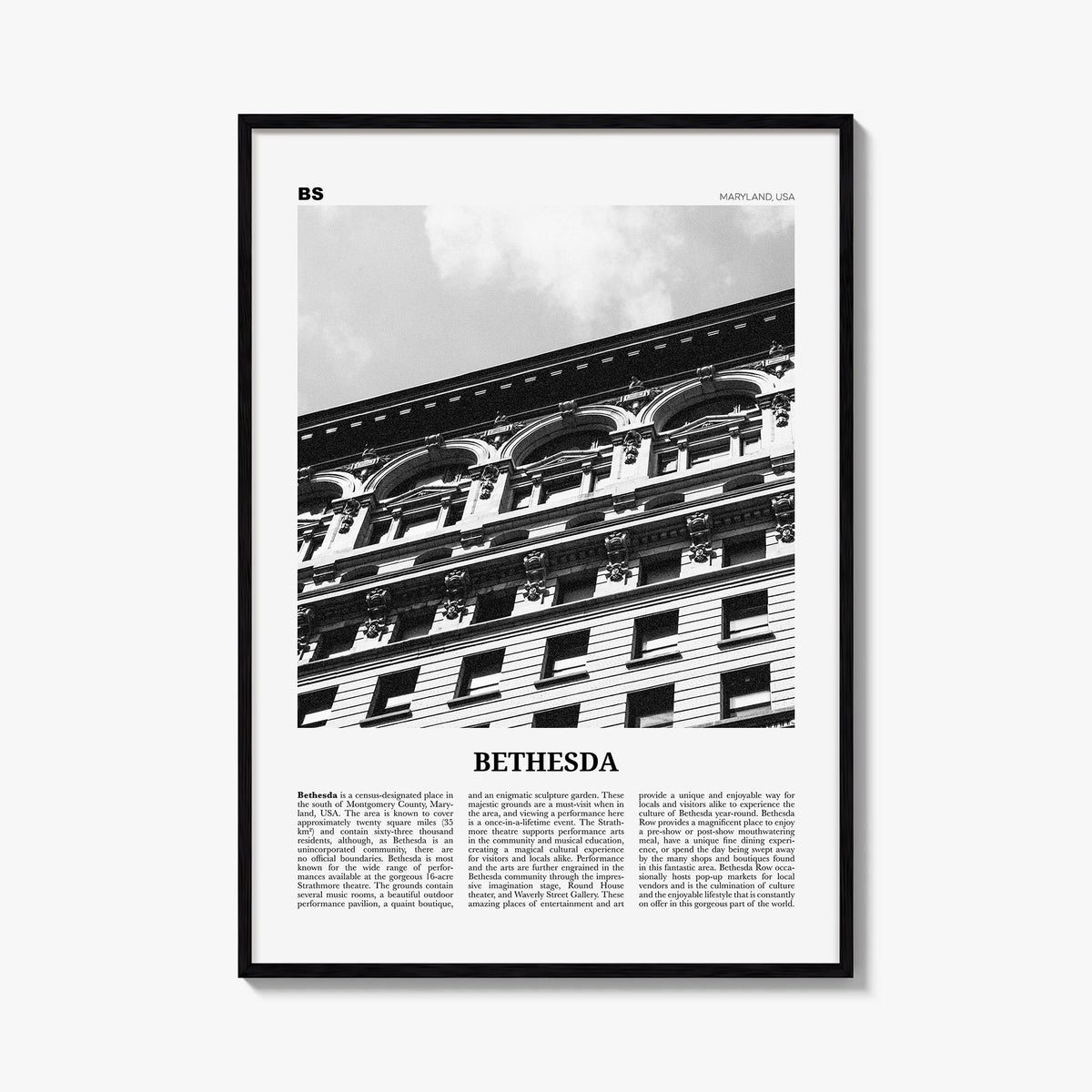 Bethesda black & white newspaper poster of Maryland, USA – vertical wall art, unframed print shown in interior mockup