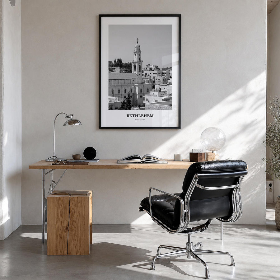 Bethlehem, Palestine black & white classic poster of Palestine – vertical wall art in black wood frame, hanging on wall