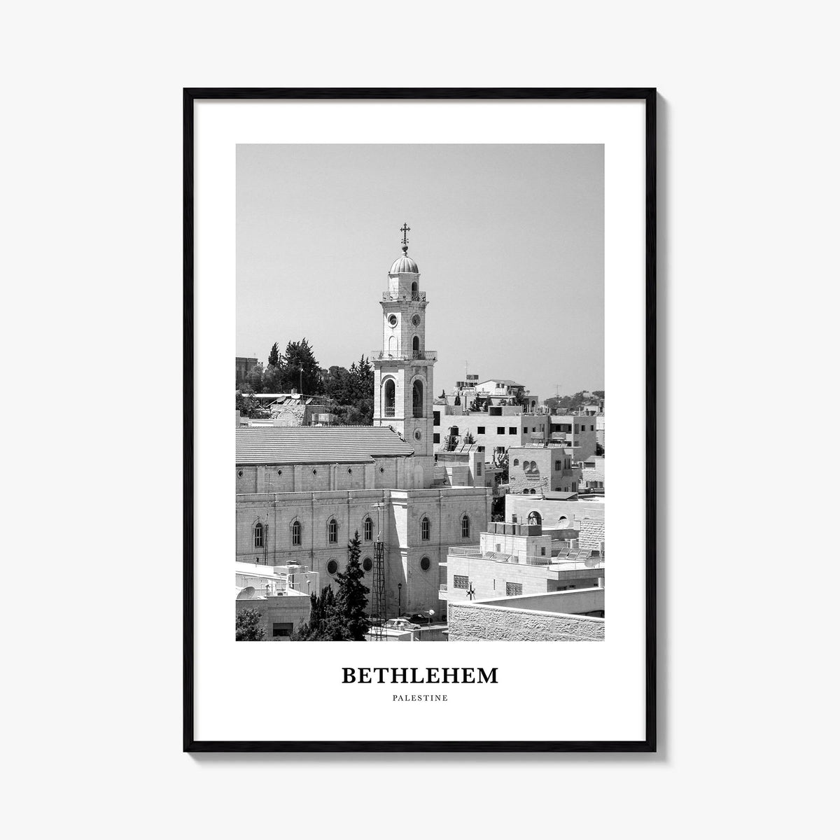 Bethlehem, Palestine black & white classic poster of Palestine – vertical wall art, unframed print shown in interior mockup