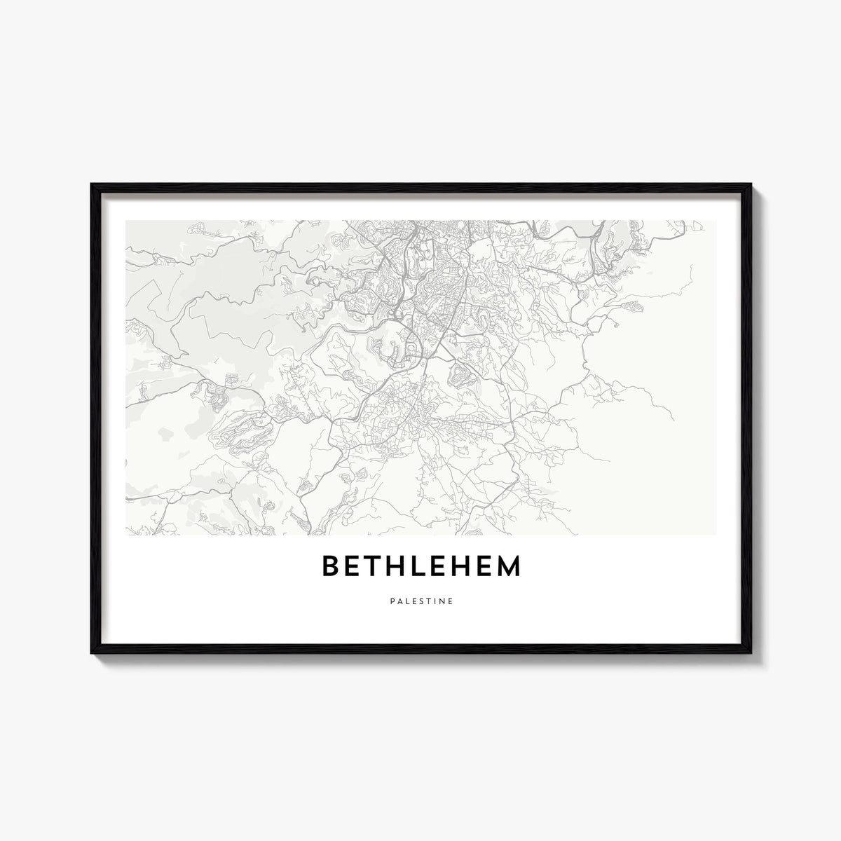 Bethlehem, Palestine black & white map poster of Palestine – horizontal wall art, unframed print shown in interior mockup