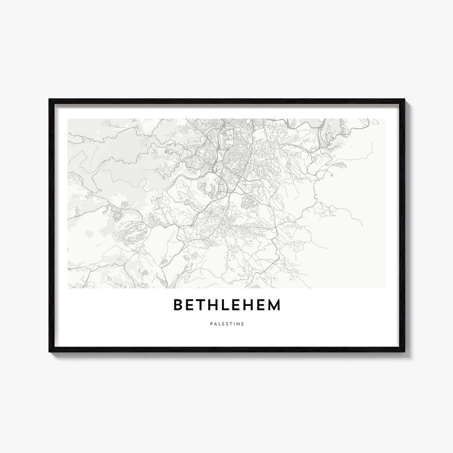 Bethlehem, Palestine black & white map poster of Palestine – horizontal wall art, unframed print shown in interior mockup