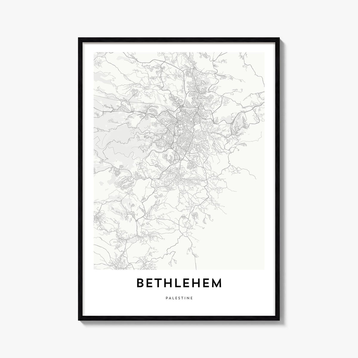 Bethlehem, Palestine black & white map poster of Palestine – vertical wall art, unframed print shown in interior mockup