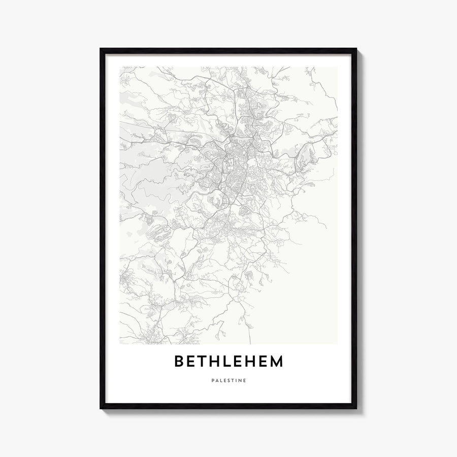 Bethlehem, Palestine black & white map poster of Palestine – vertical wall art, unframed print shown in interior mockup