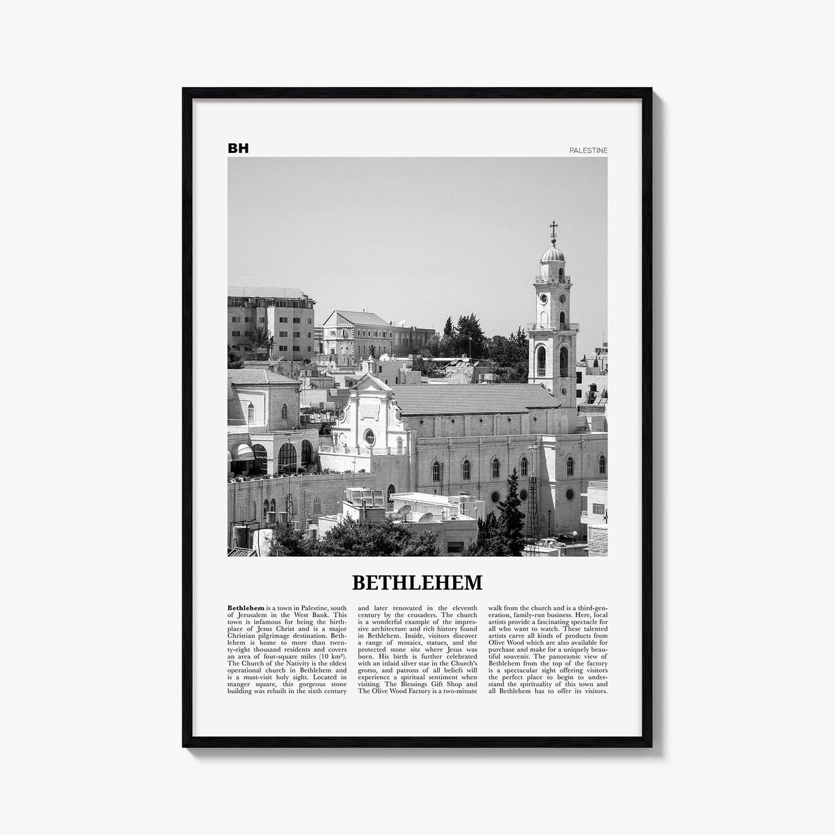 Bethlehem, Palestine black & white newspaper poster of Palestine – vertical wall art, unframed print shown in interior mockup